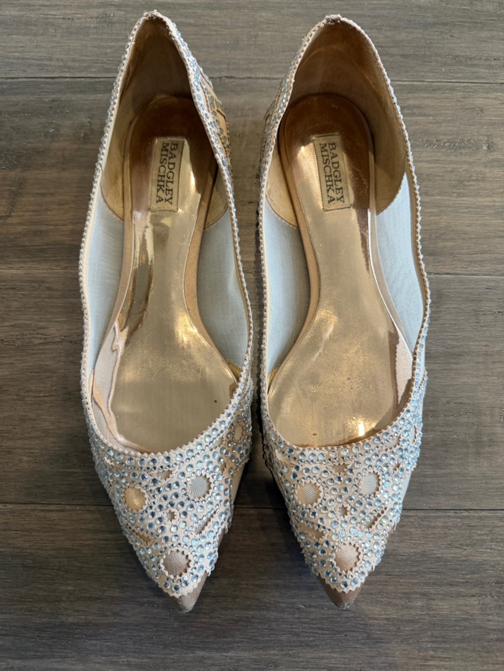 Badgley Mischka Nude Crystal Embellished Pointed Toe Flats